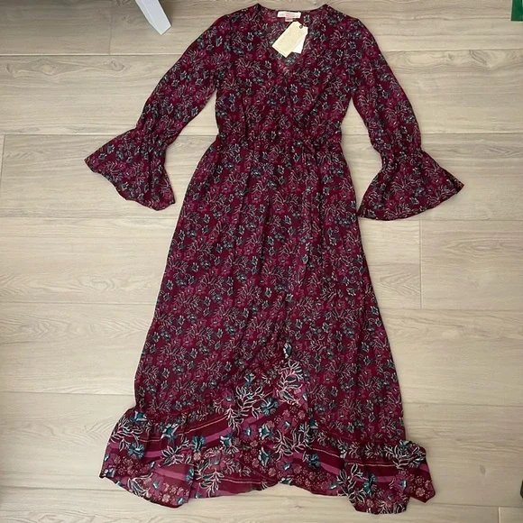 knee length dresses for ladies Band Of The Free BOG Collective Heather Gold Floral Wrap Maxi Dress